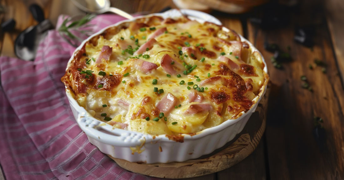 Gratin de Chou-Fleur, Pommes de Terre, Fromage et Jambon – Chef